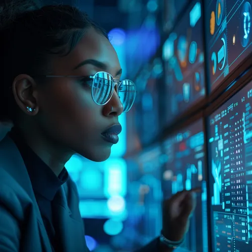 An analyst studying a wall of complex dashboards and data panels in low blue light
