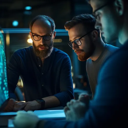Three engineers working through a problem together at a screen in low light
